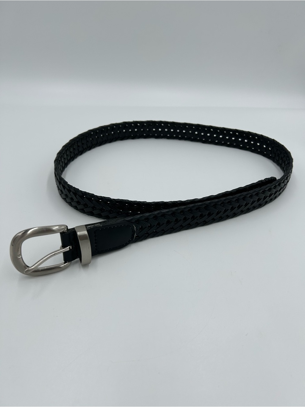 Woven Black Leather Belt with Silver Buckle - Men’s Accessories 36